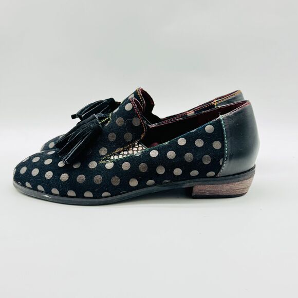 L'Artiste Shoes Womens 38 US 7.5 8 Black Gold Polka Dot Loafers Tassel Heels - Picture 5 of 13